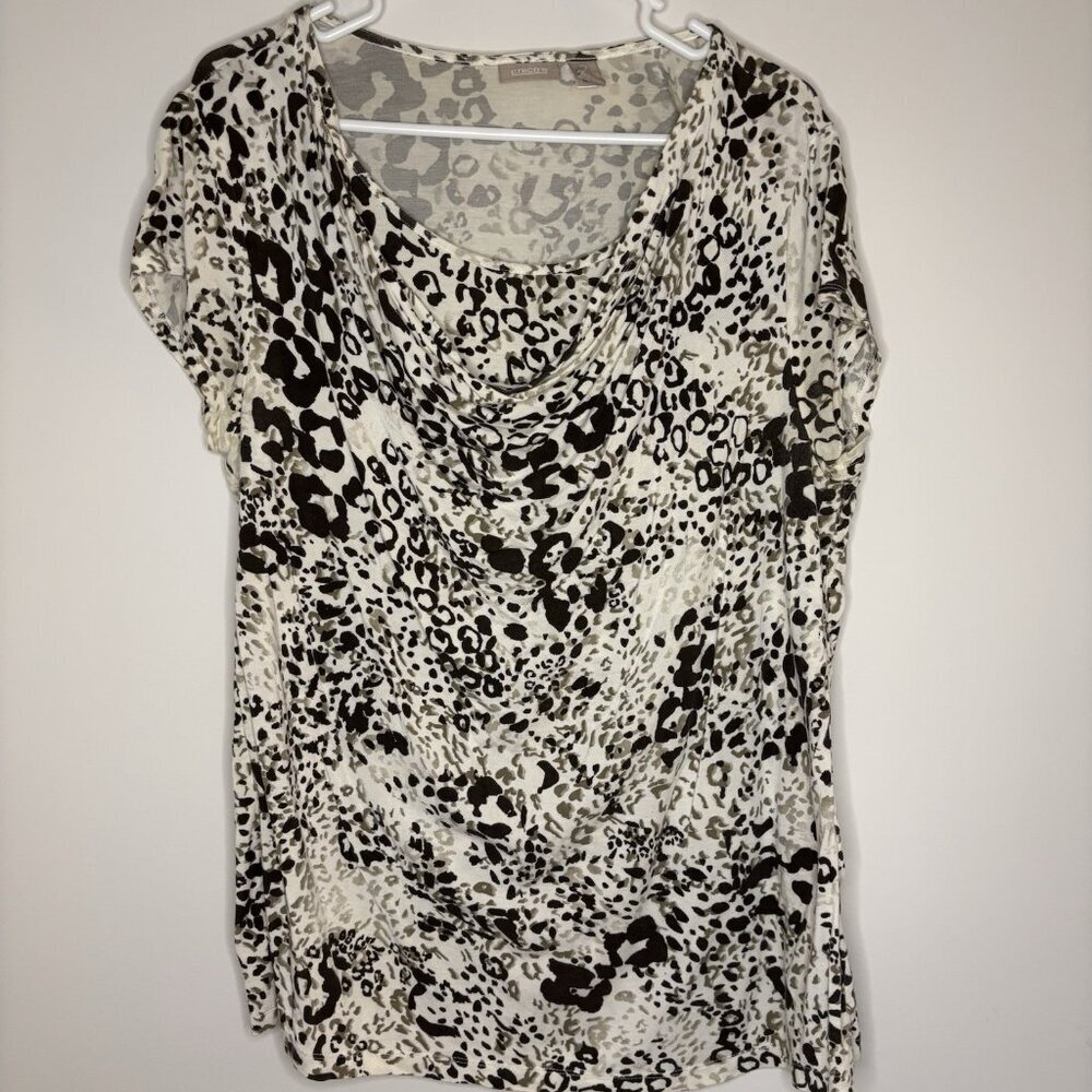 CHICO'S Short Sleeve Blouse Womens L Tan White Animal Print Layered Stretch